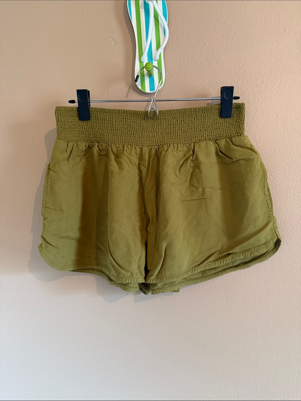 Prana Olive Green Smocked-Waist Athletic Shorts